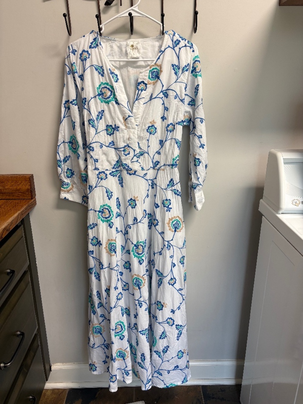 NIMO with Love 100% Organic Cotton Blue White Floral Embroider Midi Dress Size L